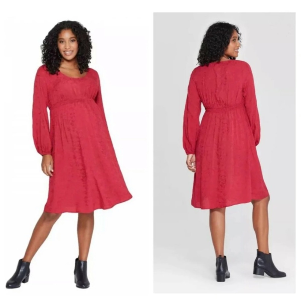 Isabel Maternity Red Baby Doll Dress Long Sleeve Knee Length